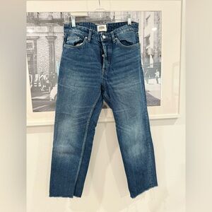 Zara Ankle Length Straight Leg Dark Wash Distressed Denim Jeans | 6 / 28